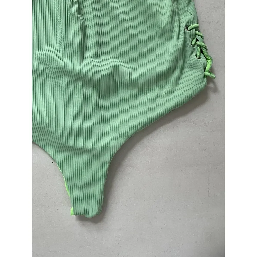 Coastal Waves Swim One Piece Swimsuit Ribbed Lace Up Swimwear